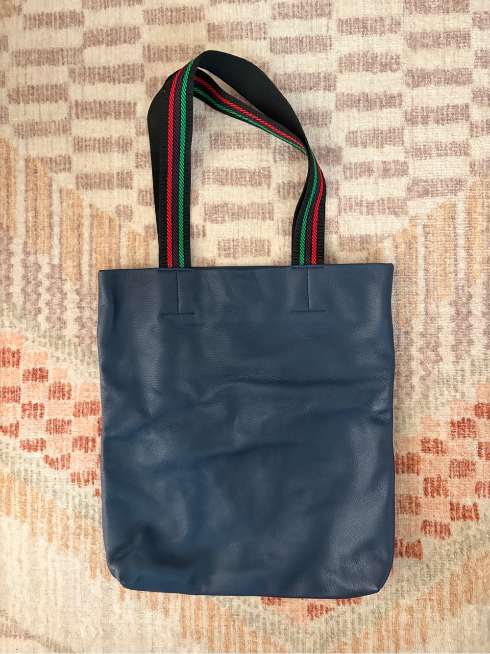 NEW Anthropologie Clare v Leather Carryall Tote Navy Blue Rainbow Straps Bag